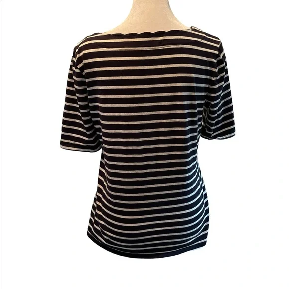 Talbots Navy & White Striped Short Sleeve Scallop Round Neck Women’s Tee Small - Picture 5 of 12